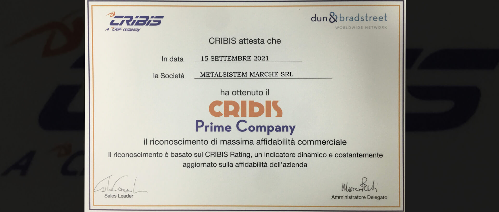 Metalsistem Marche riceve il prestigioso Cribis Prime Company 2021